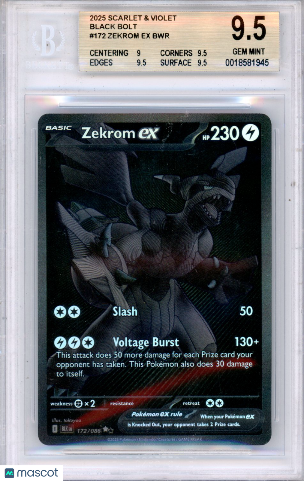 2025 Pokemon Scarlet and Violet Black Bolt Zekrom ex BWR #172 BGS 9.5 GEM MINT - Graded TCG/CCG