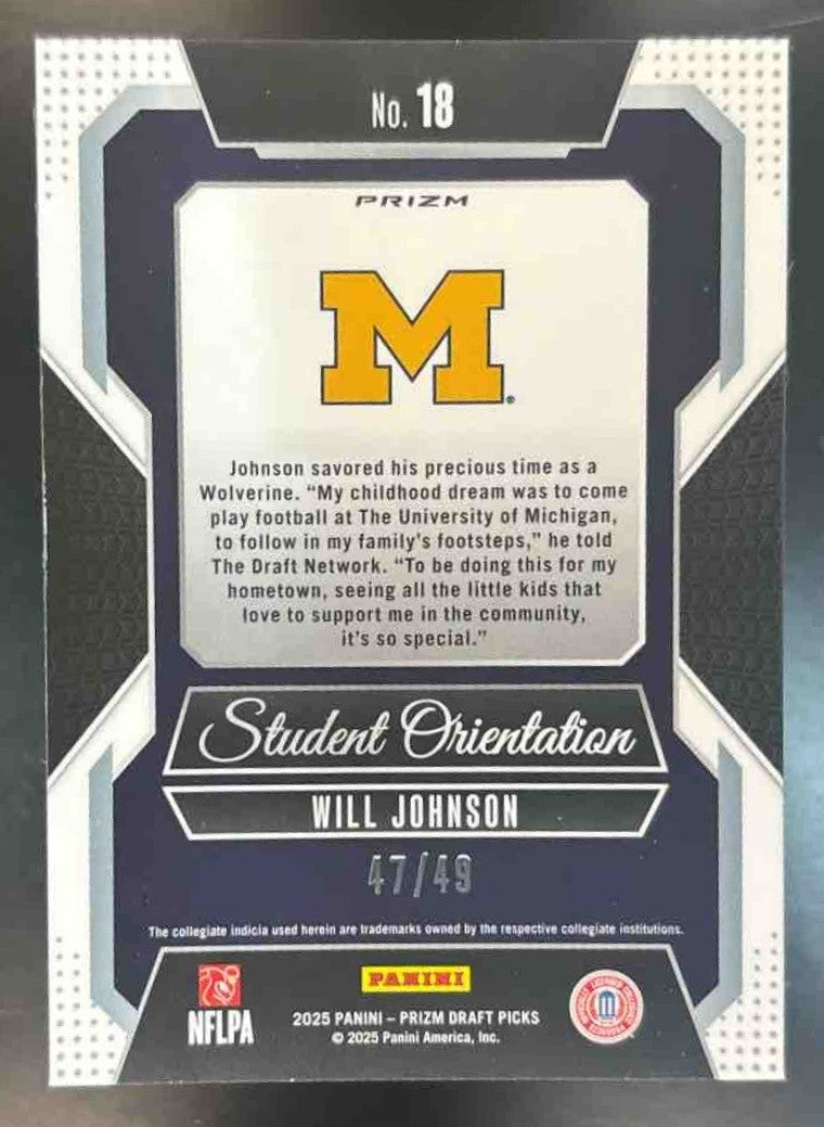 2025 Prizm Draft Will Johnson Student Orientation Green Pulsar /49 #18 Wolverine - Sports Cards