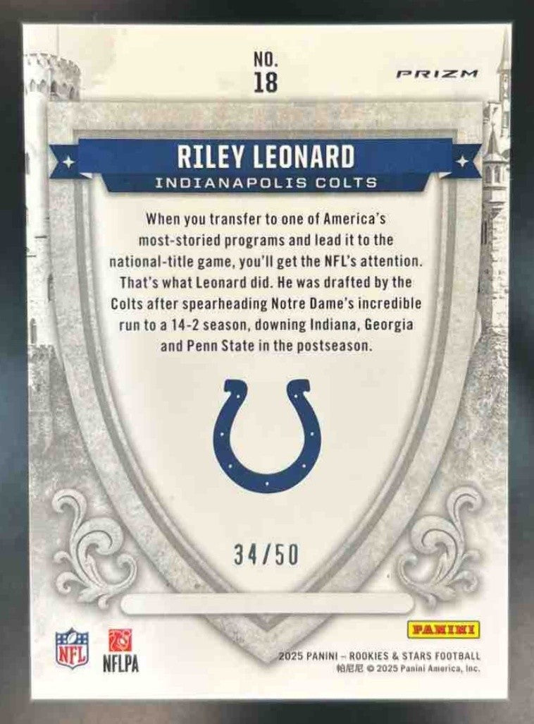 2025 Rookies & Stars Riley Leonard Crusade Blue /50 #18 RC Indianapolis Colts - Sports Cards