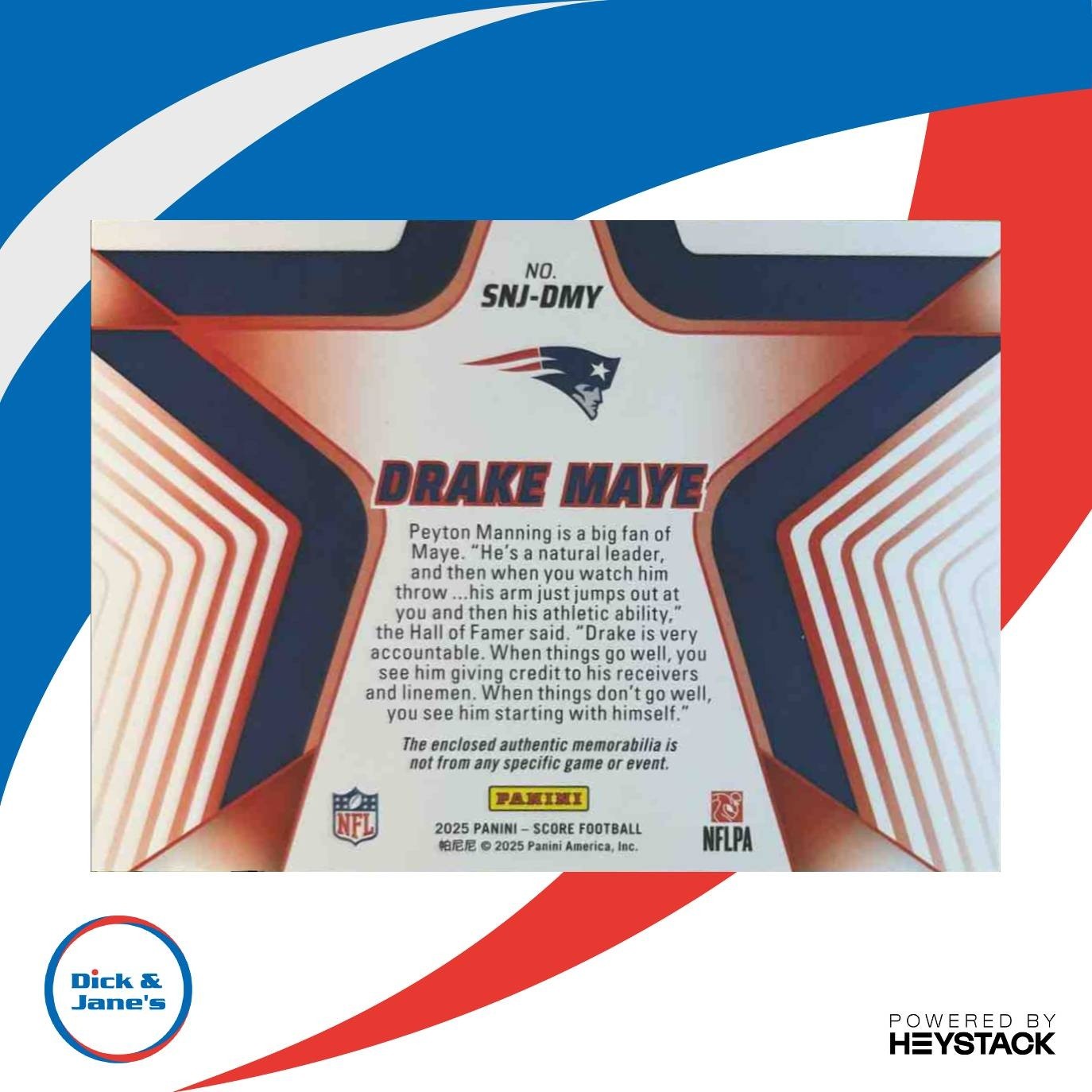 2025 Score Drake Maye Stars of the NFL Jersey #SNJ-DMY MEM New England Patriots - Sports Cards