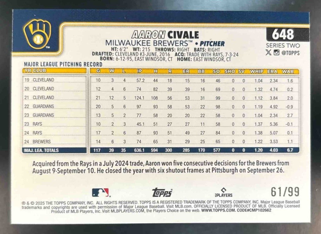 2025 Topps Aaron Civale Green Holo Foil /99 #648 Milwaukee Brewers - Sports Cards