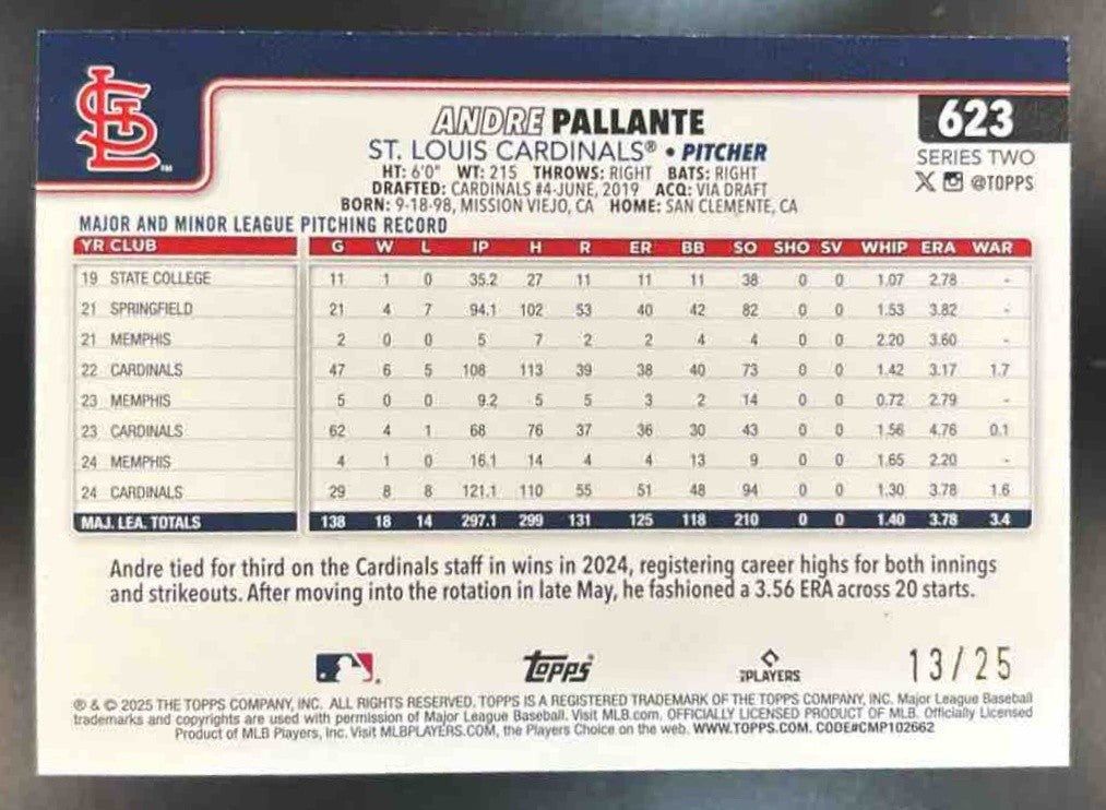 2025 Topps Andre Pallante Memorial Day Camo /25 #623 St. Louis Cardinals - Sports Cards