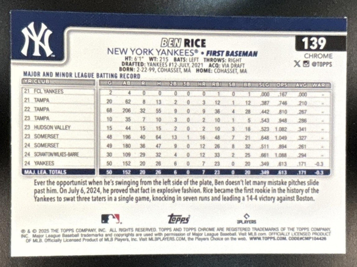 2025 Topps Chrome Ben Rice Aqua Lava Refractor /199 #139 RC New York Yankees - Sports Cards