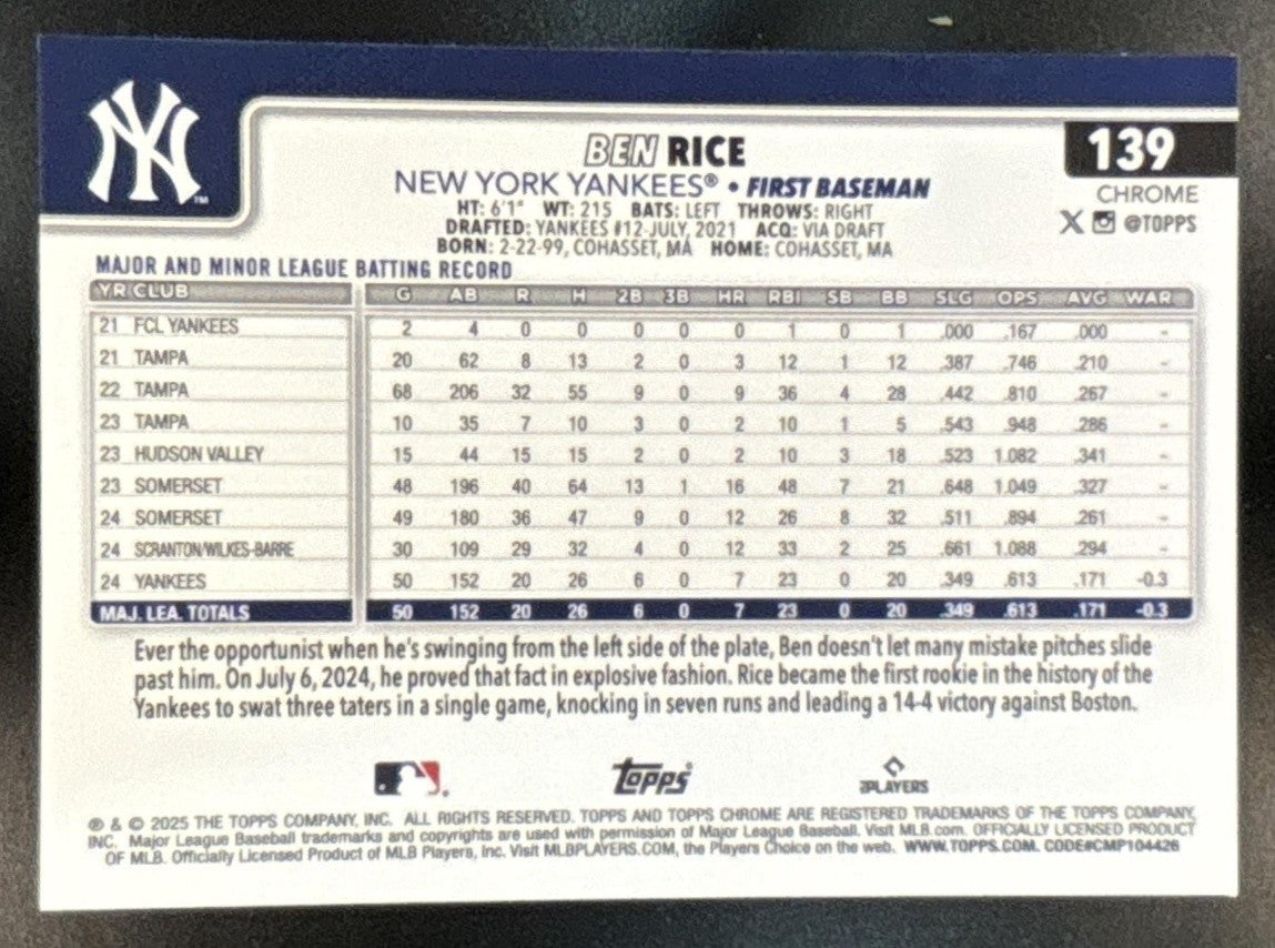 2025 Topps Chrome Ben Rice Green Refractor /99 #139 RC New York Yankees - Sports Cards