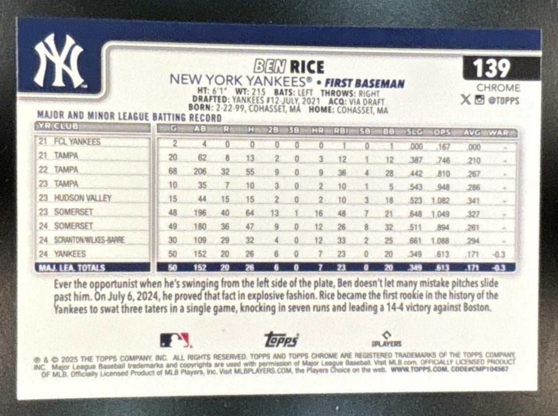 2025 Topps Chrome Ben Rice Lightboard Logo Variation #139 RC New York Yankees - Sports Cards