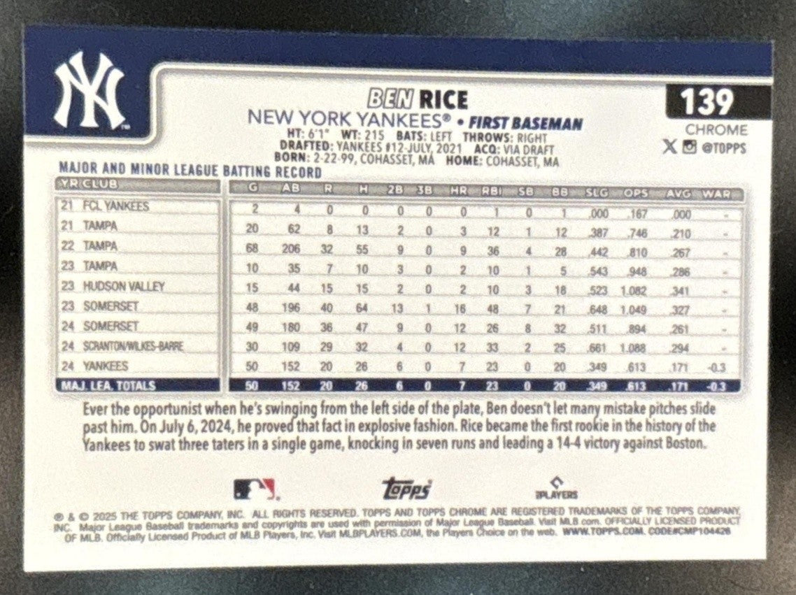2025 Topps Chrome Ben Rice Negative Refractor #139 RC New York Yankees - Sports Cards
