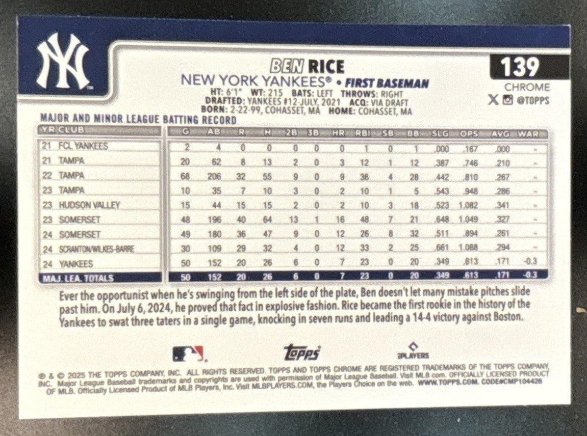 2025 Topps Chrome Ben Rice Prism Refractor #139 RC New York Yankees - Sports Cards