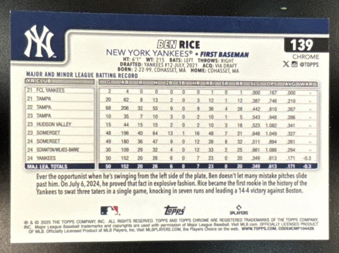 2025 Topps Chrome Ben Rice Purple Refractor /250 #139 RC New York Yankees - Sports Cards