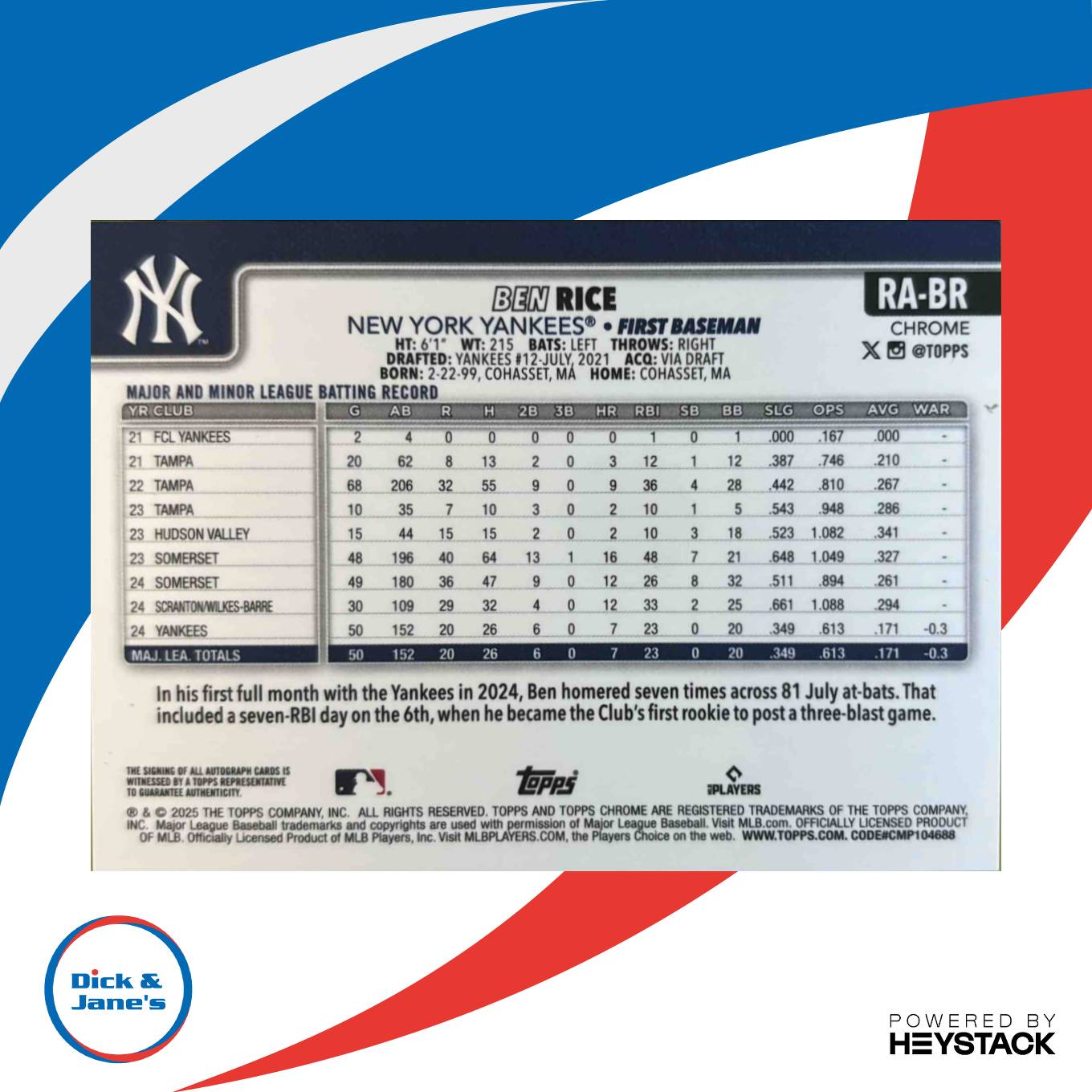 2025 Topps Chrome Ben Rice Rookie Auto Gold Wave Refractor 25/50 NY Yankees Sports Cards