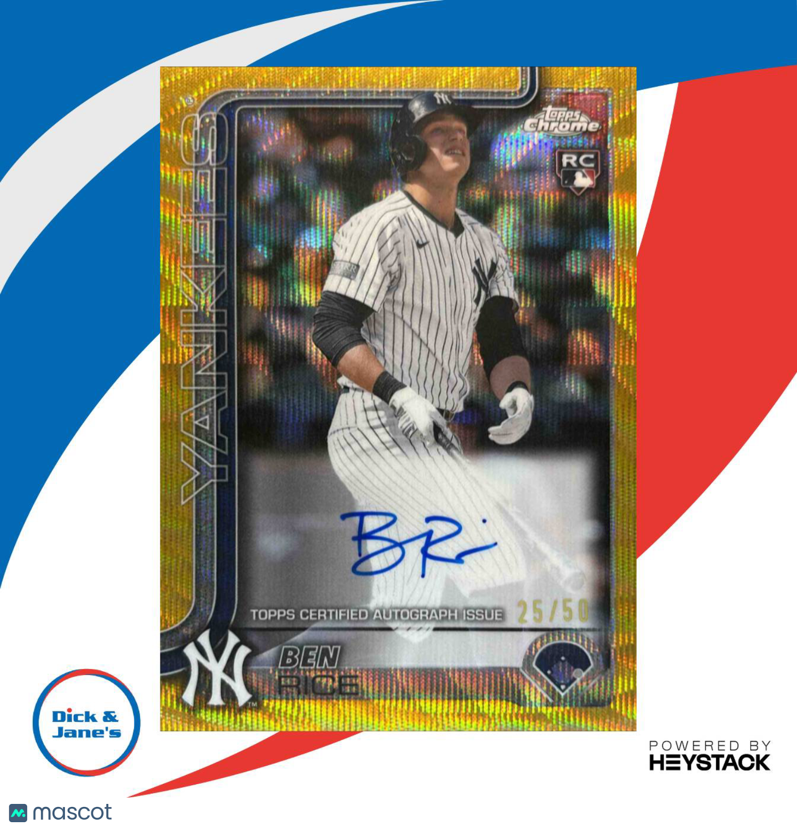 2025 Topps Chrome Ben Rice Rookie Auto Gold Wave Refractor 25/50 NY Yankees Sports Cards
