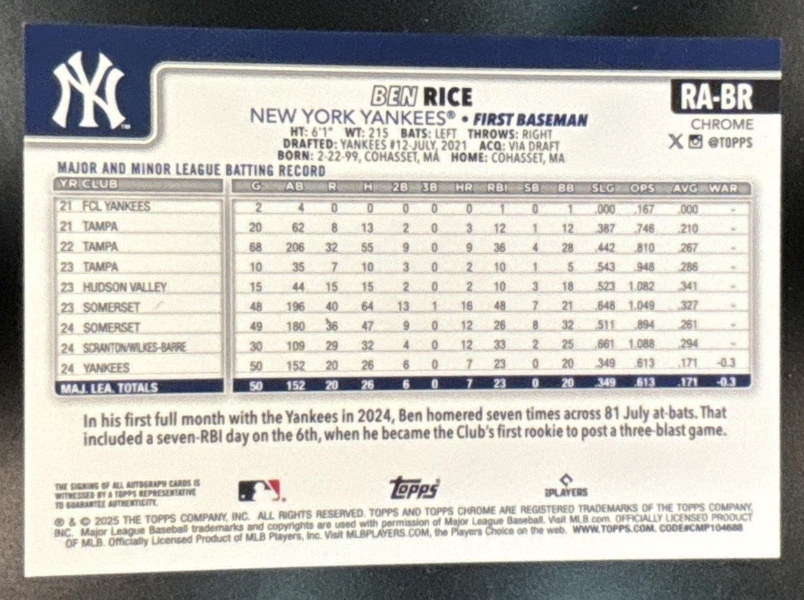 2025 Topps Chrome Ben Rice Rookie Auto #RA-BR RC New York Yankees - Sports Cards