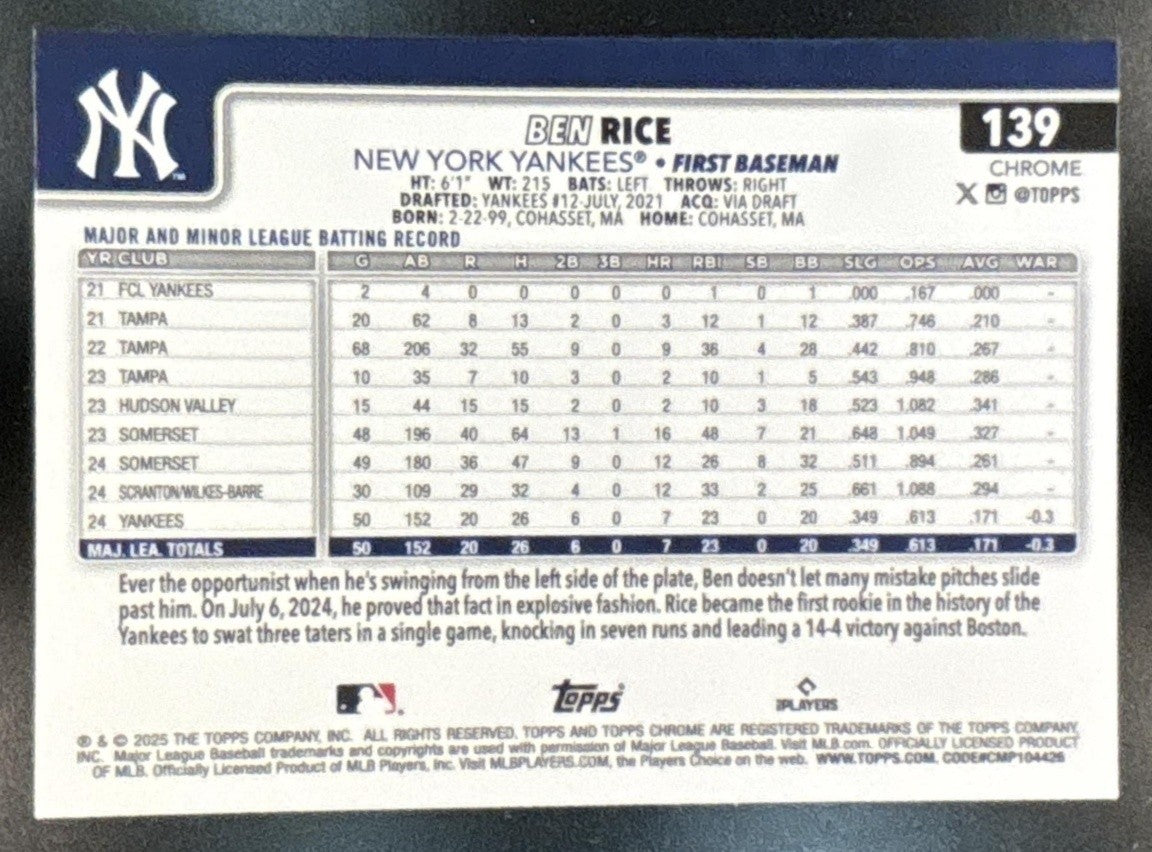 2025 Topps Chrome Ben Rice Sepia Refractor #139 RC New York Yankees - Sports Cards