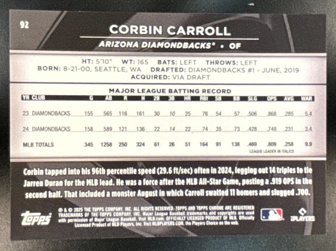 2025 Topps Chrome Black Corbin Carroll Orange Refractor /25 #92 Diamondbacks - Sports Cards