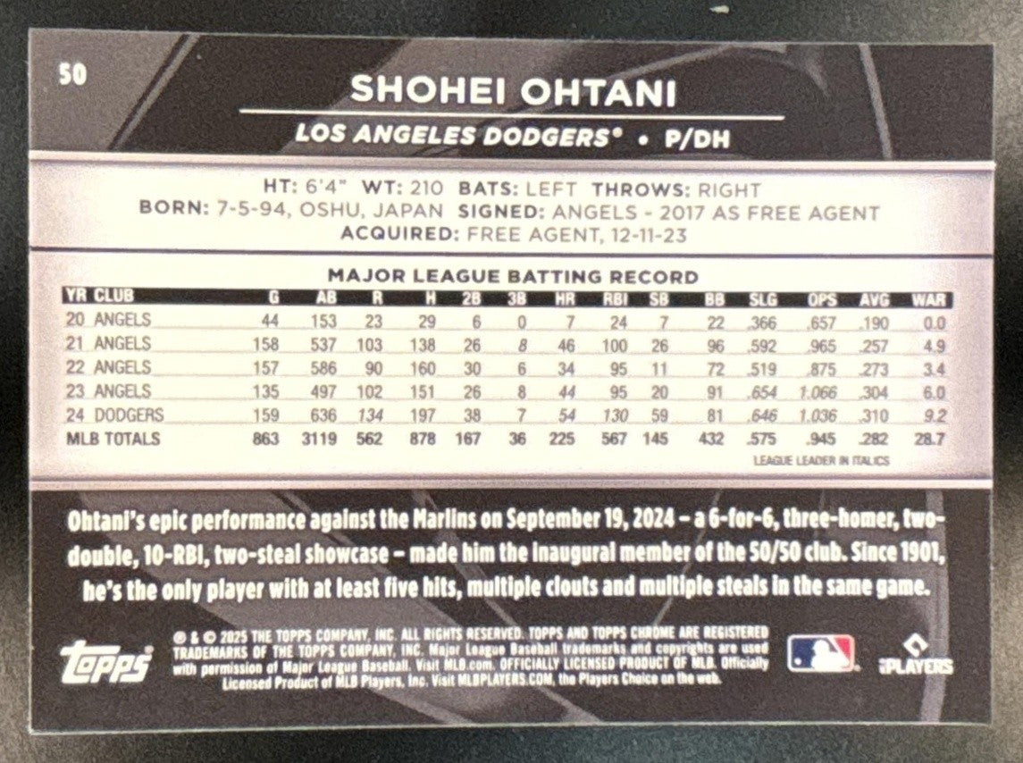 2025 Topps Chrome Black Shohei Ohtani #50 Los Angeles Dodgers - Sports Cards