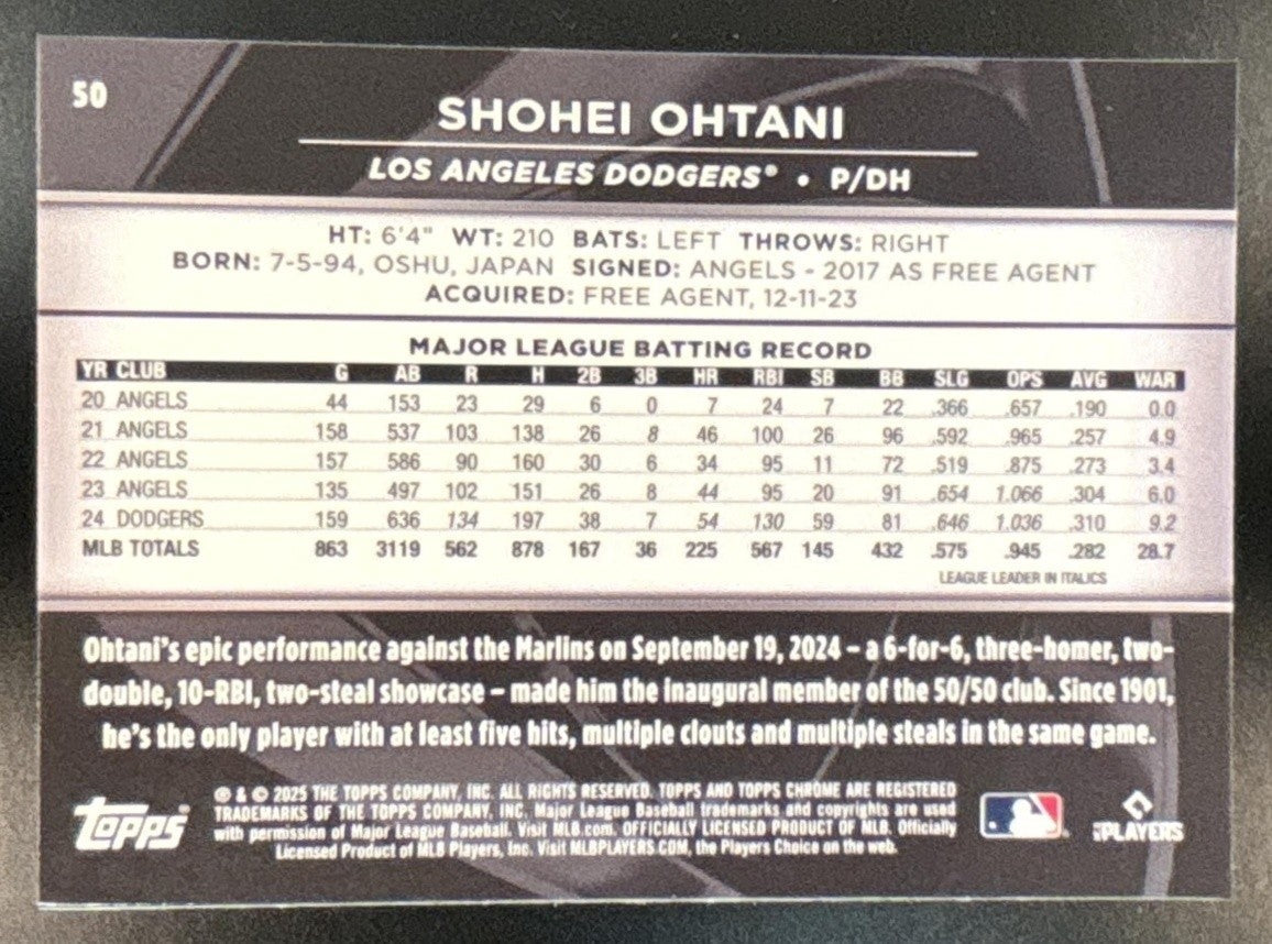 2025 Topps Chrome Black Shohei Ohtani #50 Los Angeles Dodgers - Sports Cards
