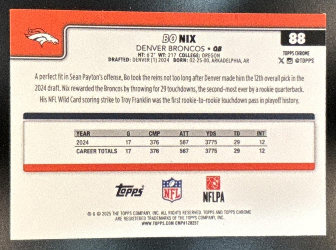 2025 Topps Chrome Bo Nix Green Refractor /99 #88 Denver Broncos - Sports Cards