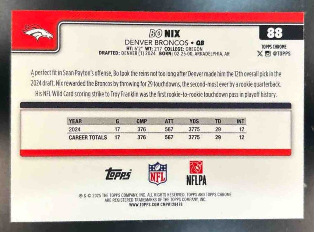 2025 Topps Chrome Bo Nix Team Camo Variation #88 SP Denver Broncos - Sports Cards