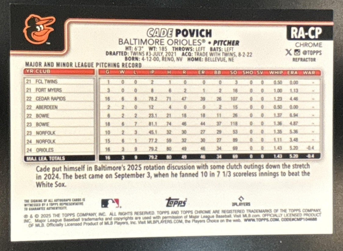 2025 Topps Chrome Cade Povich Rookie Auto Refractor /499 RC Baltimore Orioles - Sports Cards