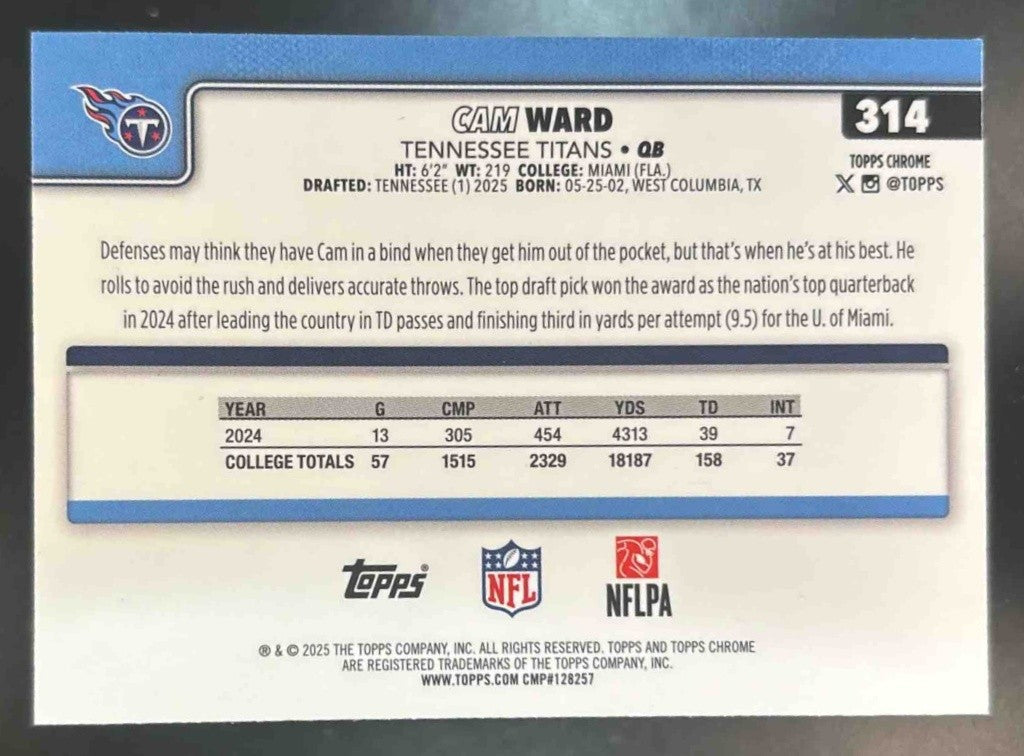2025 Topps Chrome Cam Ward Rookie Football Leather #314 RC Tennessee Titans - Sports Cards