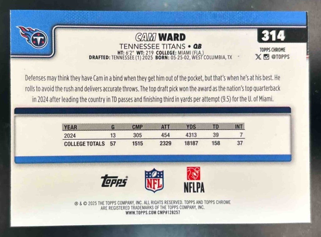 2025 Topps Chrome Cam Ward Rookie Pulsar Refractor #314 RC Tennessee Titans - Sports Cards