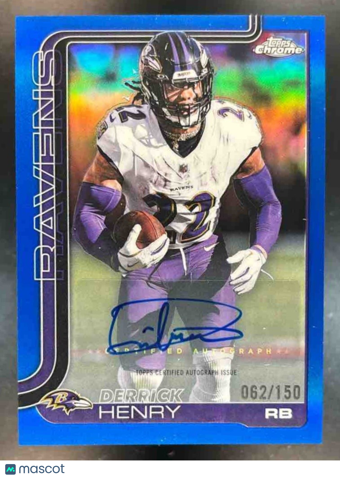 2025 Topps Chrome Derrick Henry Auto Blue Refractor 62/150 Baltimore Ravens - Sports Cards