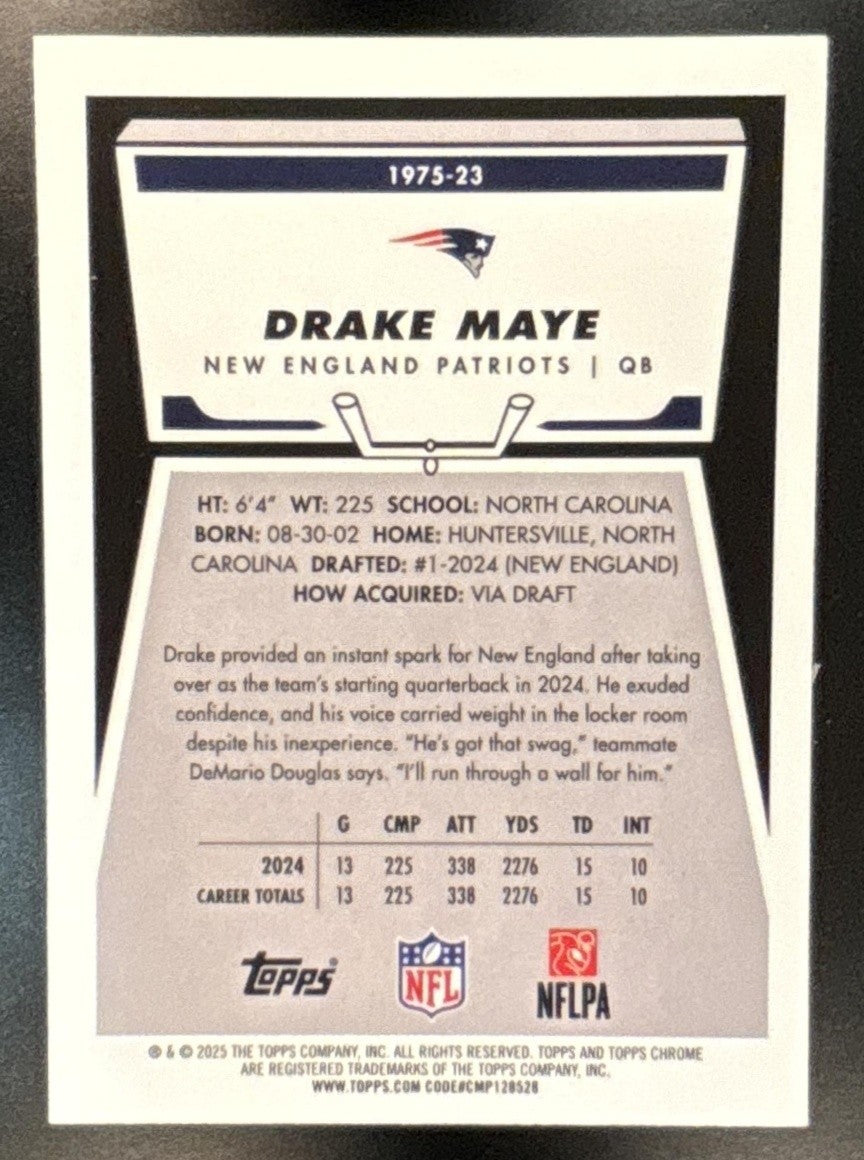 2025 Topps Chrome Drake Maye 1975 Pink Refractor /250 New England Patriots - Sports Cards