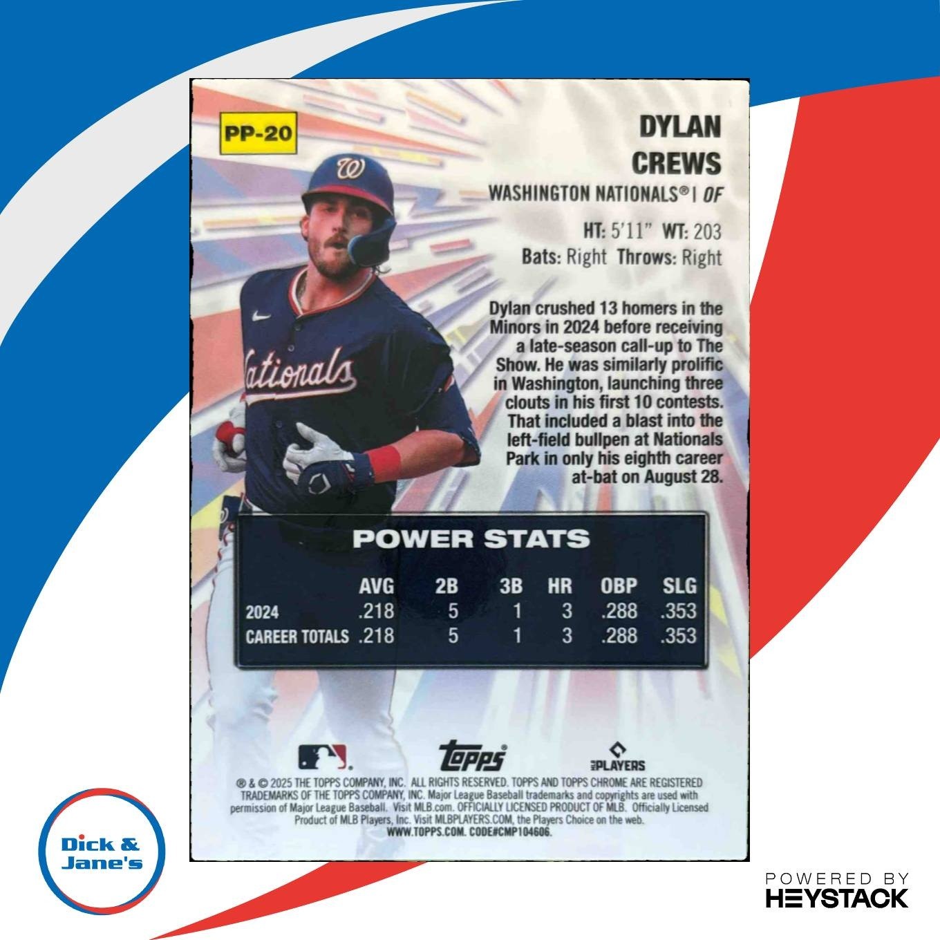 2025 Topps Chrome Dylan Crews Power Players Green Refractor /99 Nationals - Sports Cards