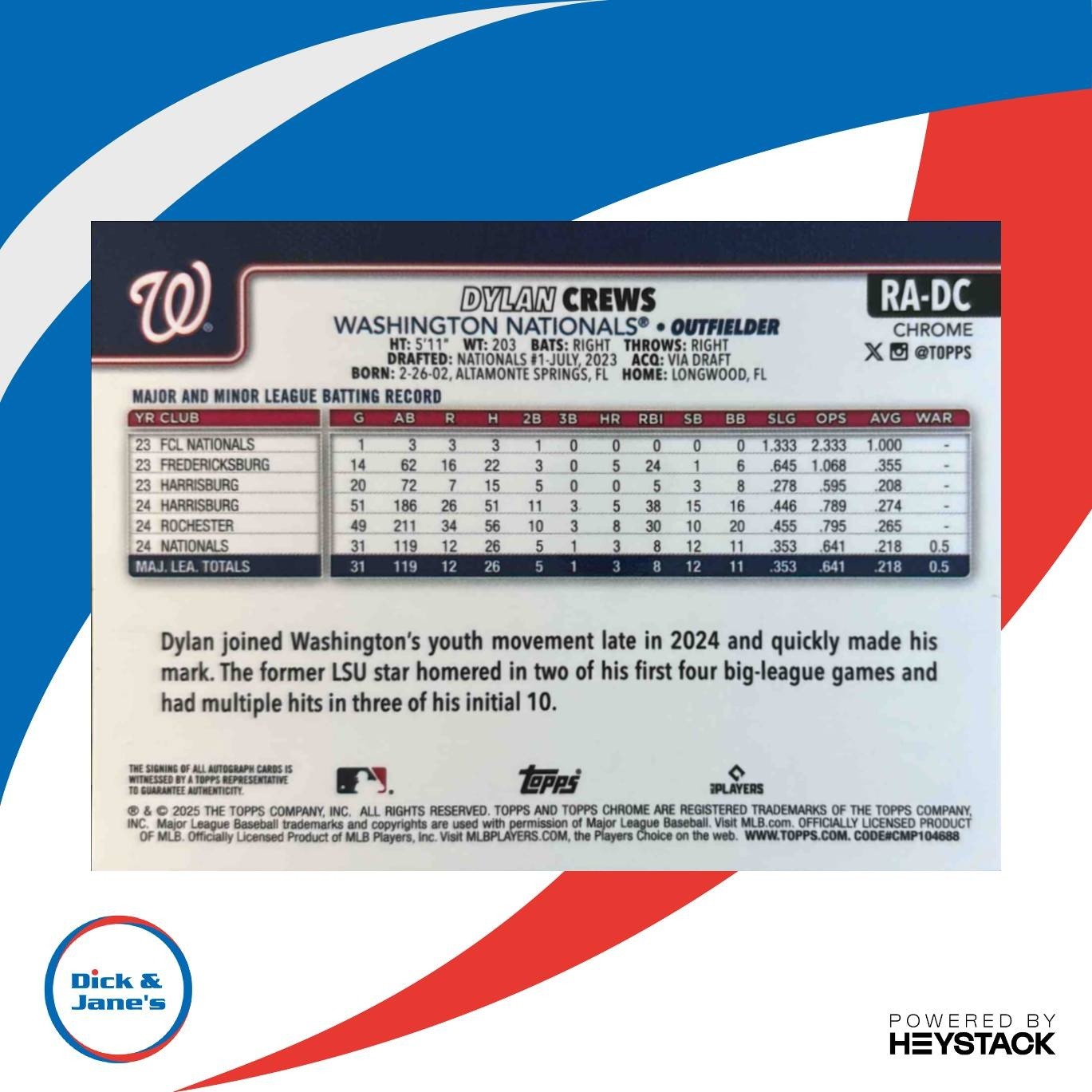 2025 Topps Chrome Dylan Crews Rookie Auto #RA-DC RC Washington Nationals - Sports Cards