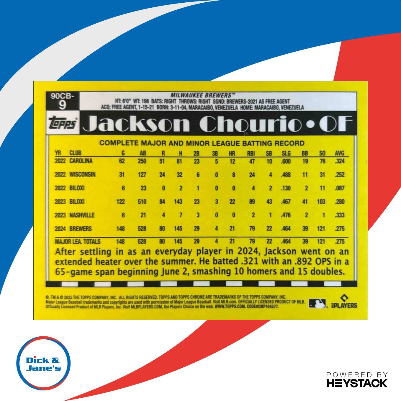 2025 Topps Chrome Jackson Chourio 1990 Baseball #90CB-9 Milwaukee Brewers - Sports Cards