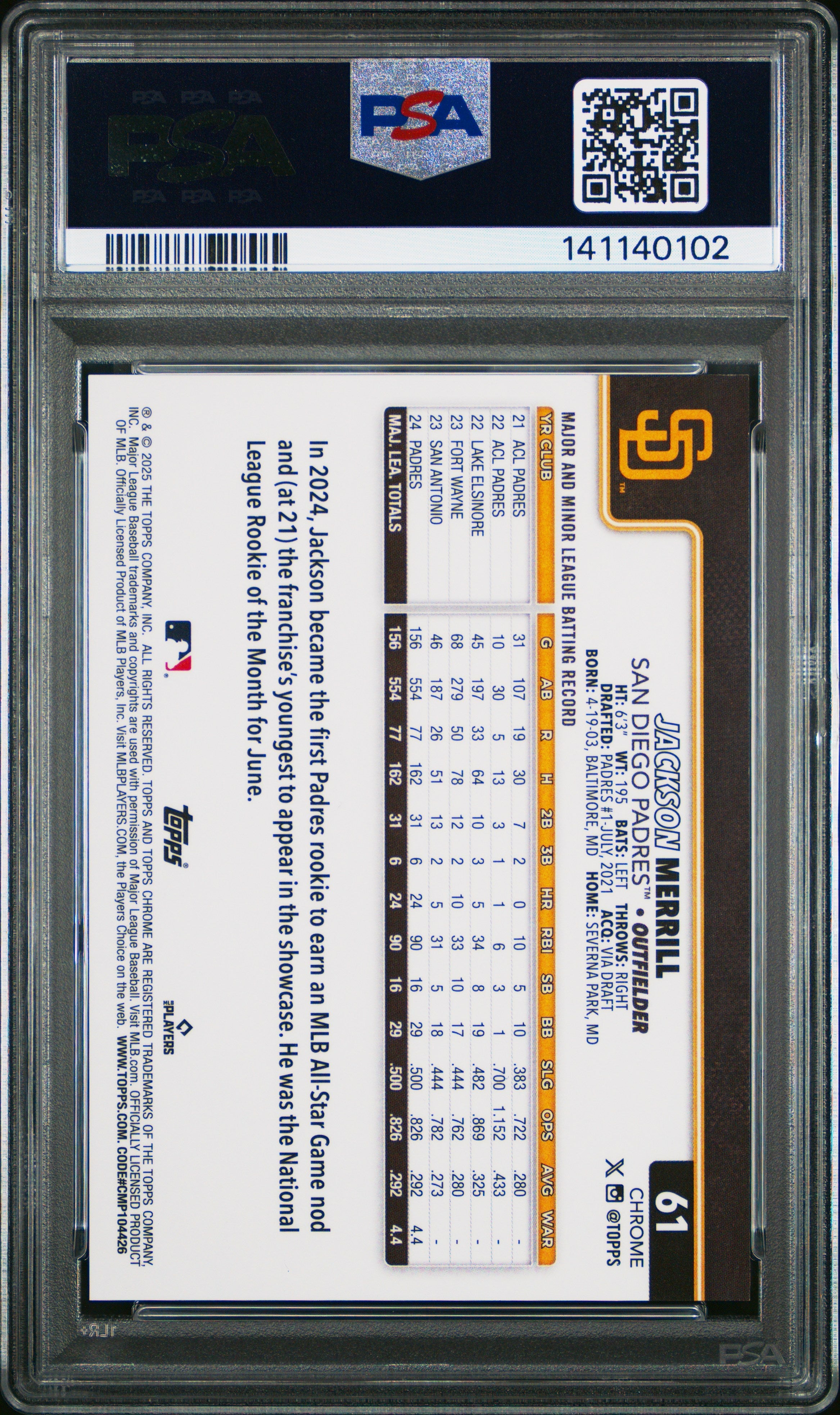 2025 Topps Chrome Jackson Merrill Gold Wave 20/50 PSA 9 MINT San Diego Padres - Graded Sports Cards
