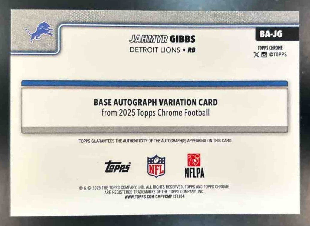 2025 Topps Chrome Jahmyr Gibbs Auto Aqua Refractor /199 #BA-JG Detroit Lions - Sports Cards