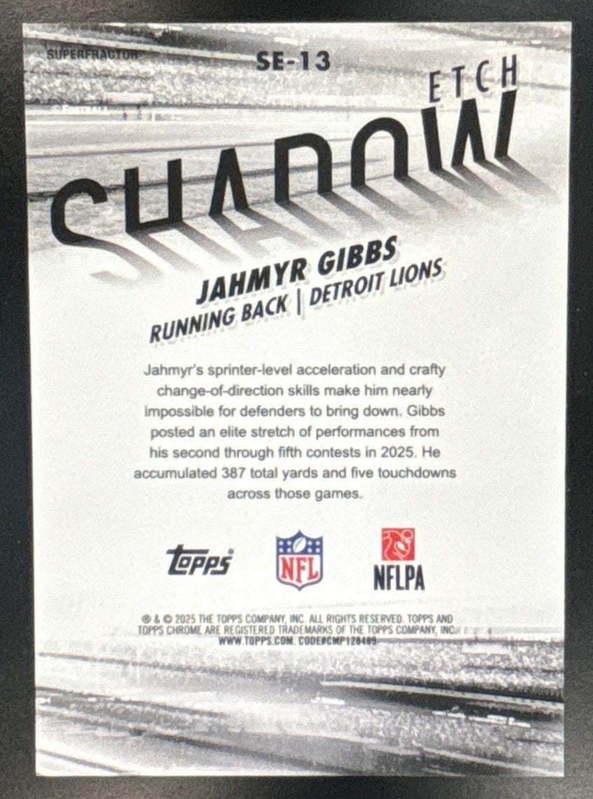 2025 Topps Chrome Jahmyr Gibbs Shadow Etch SuperFractor 1/1 SP Detroit Lions - Sports Cards