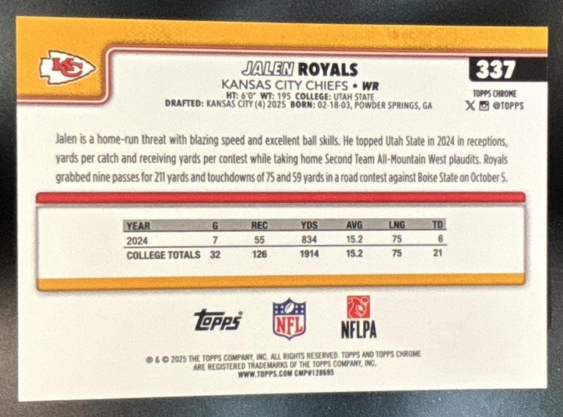 2025 Topps Chrome Jalen Royals Etch Variation Gold /50 #337 RC SSP Chiefs - Sports Cards