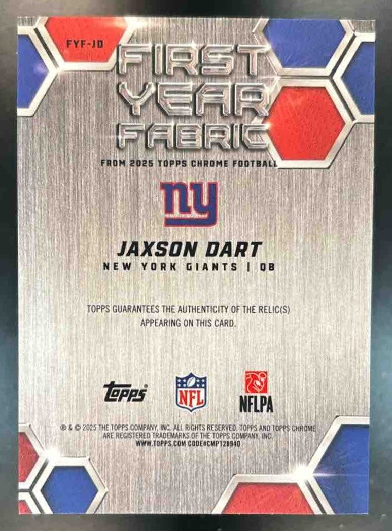 2025 Topps Chrome Jaxson Dart First Year Fabric #FYF-JD MEM RC New York Giants - Sports Cards