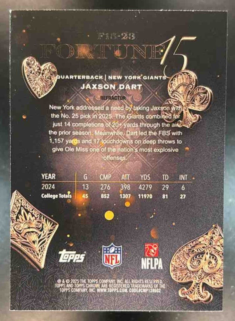 2025 Topps Chrome Jaxson Dart Fortune 15 Refractor #F15-23 RC New York Giants - Sports Cards