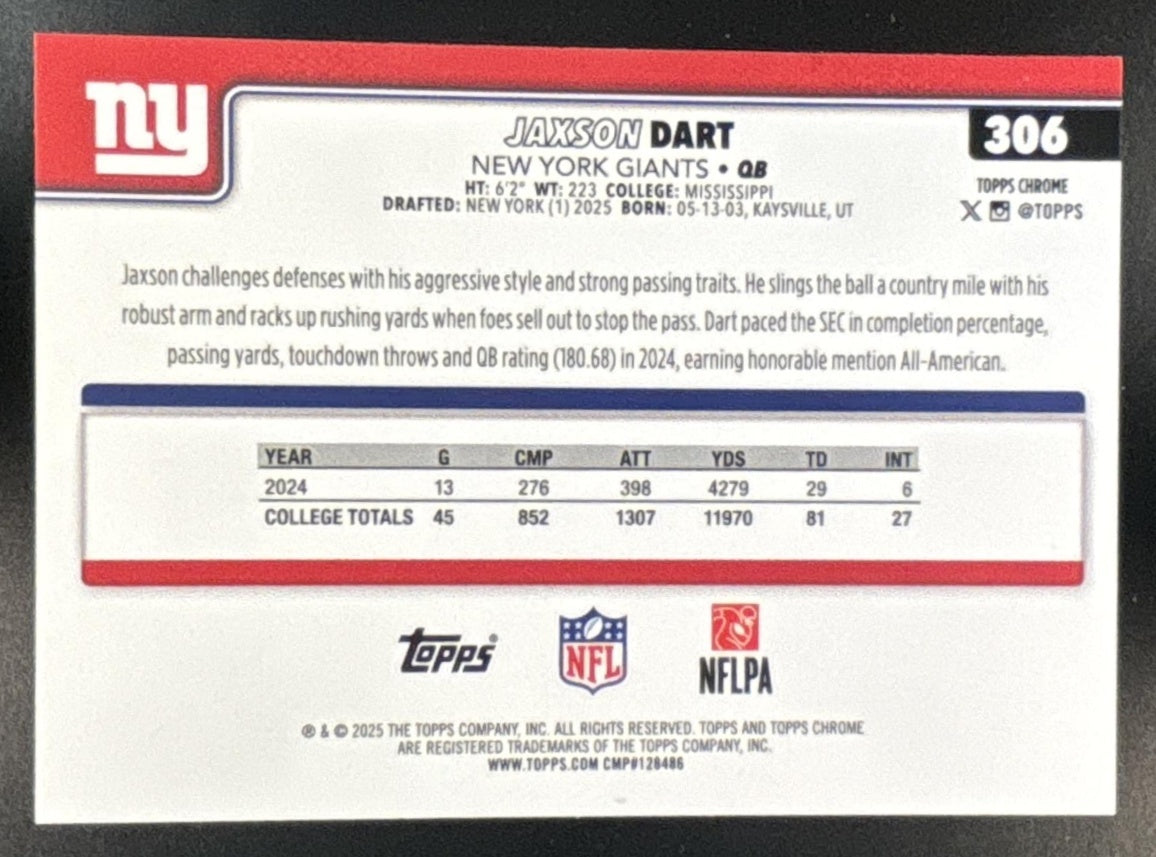 2025 Topps Chrome Jaxson Dart Rookie Image Variation #306 SP RC New York Giants - Sports Cards