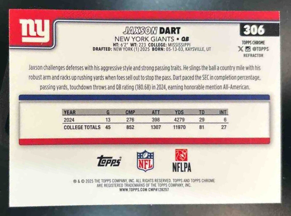 2025 Topps Chrome Jaxson Dart Rookie Refractor #306 RC New York Giants - Sports Cards