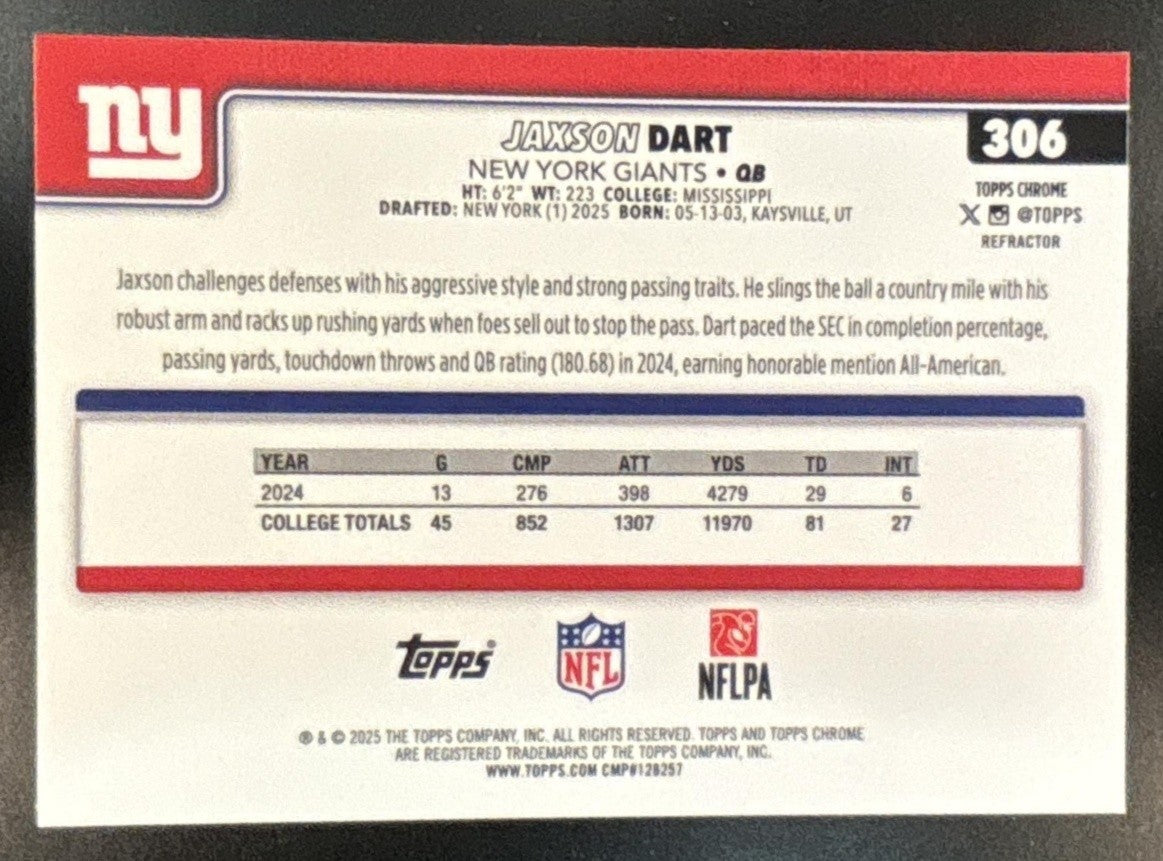 2025 Topps Chrome Jaxson Dart Rookie Refractor #306 RC New York Giants - Sports Cards