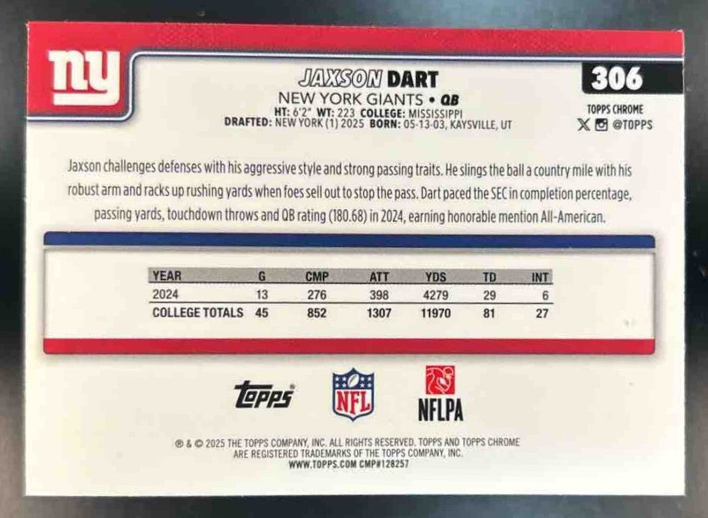 2025 Topps Chrome Jaxson Dart Rookie X-Fractor #306 RC New York Giants - Sports Cards
