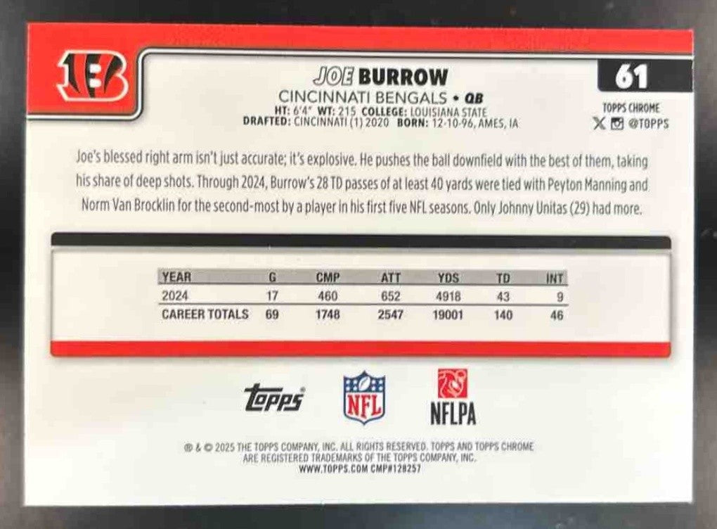 2025 Topps Chrome Joe Burrow #61 Yellow Wave /275 Cincinnati Bengals - Sports Cards