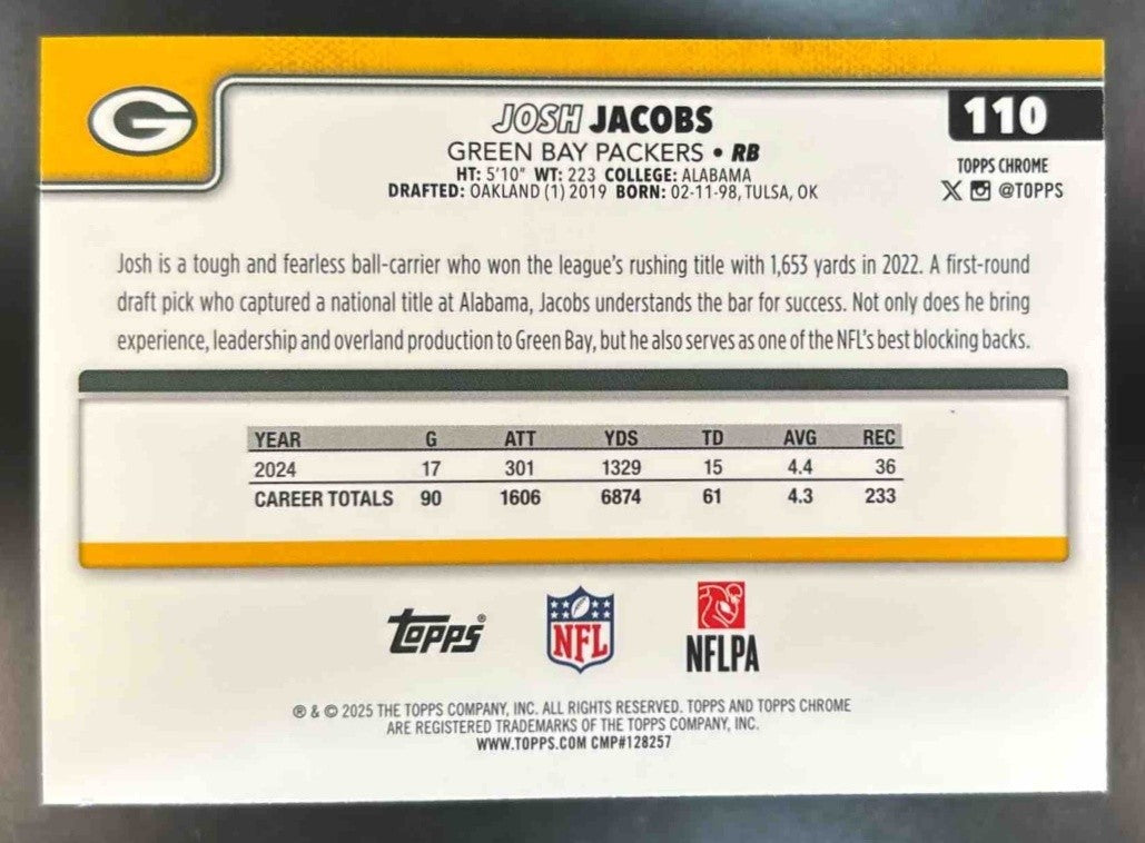 2025 Topps Chrome Josh Jacobs Aqua /199 #110 Green Bay Packers - Sports Cards