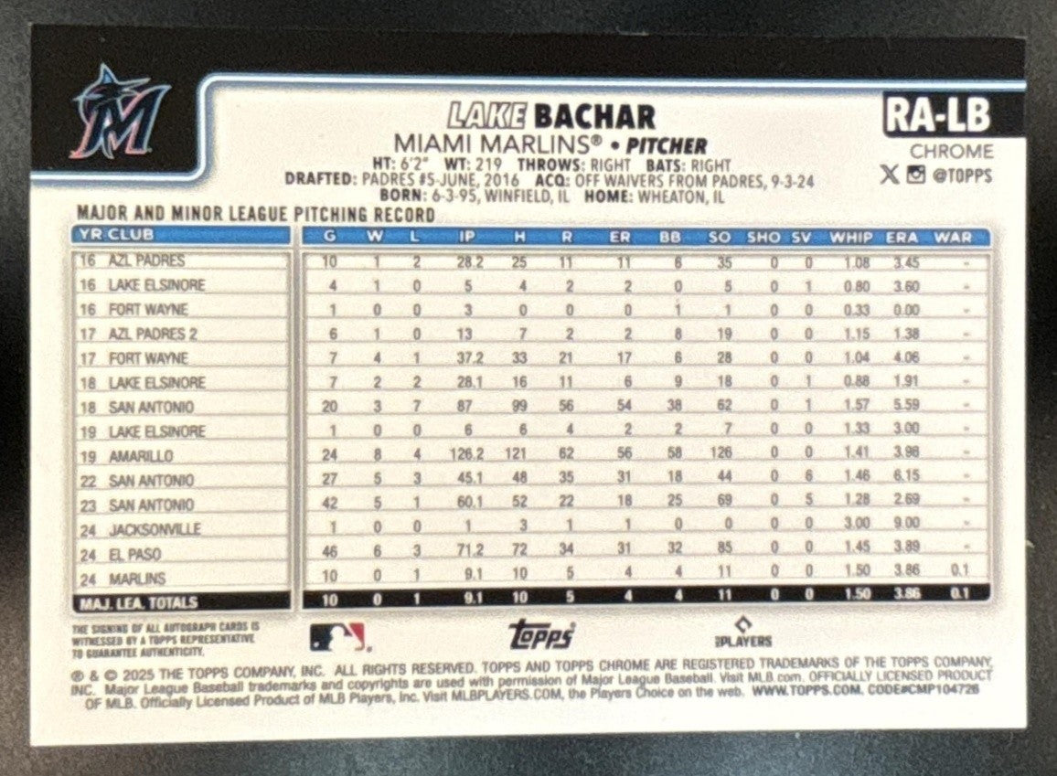 2025 Topps Chrome Lake Bachar Rookie Auto #RA-LB RC Miami Marlins - Sports Cards