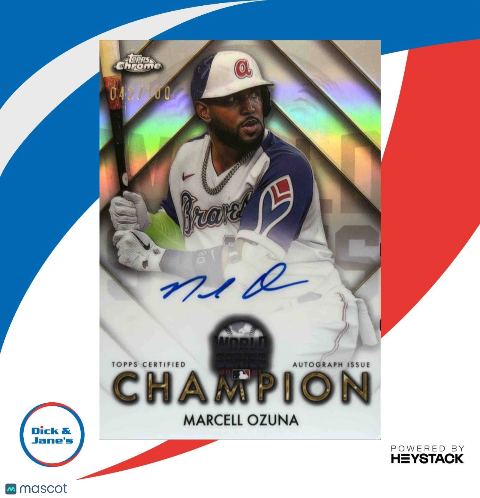 2025 Topps Chrome Marcell Ozuna World Series Champion Auto 42/100 Braves - Sports Cards