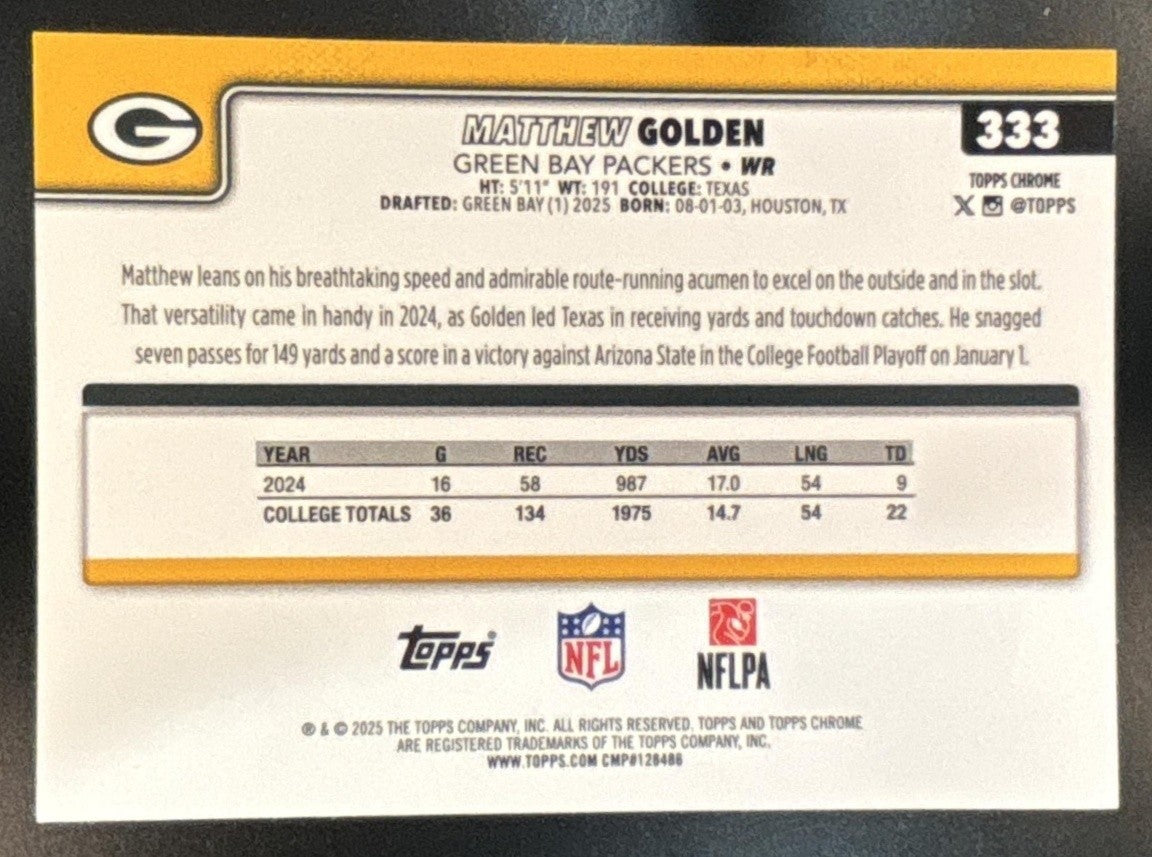 2025 Topps Chrome Matthew Golden Image Variation #333 SP RC Green Bay Packers - Sports Cards