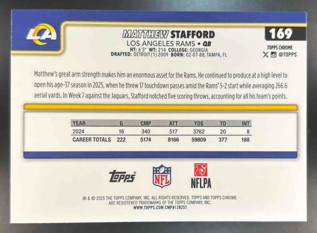 2025 Topps Chrome Matthew Stafford #169 Los Angeles Rams - Sports Cards