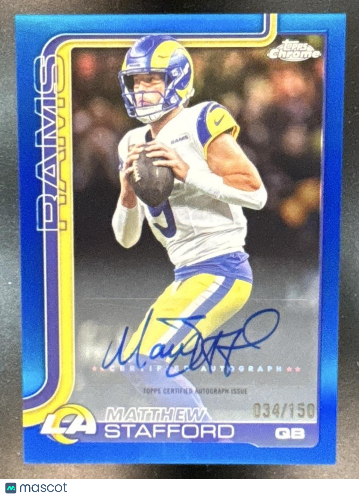 2025 Topps Chrome Matthew Stafford Auto Blue Refractor /150 Los Angeles Rams - Sports Cards