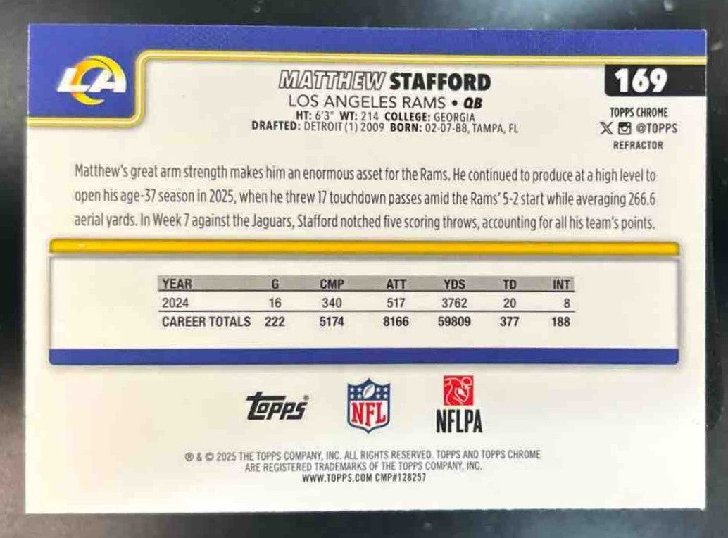 2025 Topps Chrome Matthew Stafford Refractor #169 Los Angeles Rams - Sports Cards