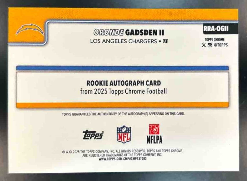 2025 Topps Chrome Oronde Gadsden Retail Rookie Auto Aqua Lava /199 RC Chargers - Sports Cards