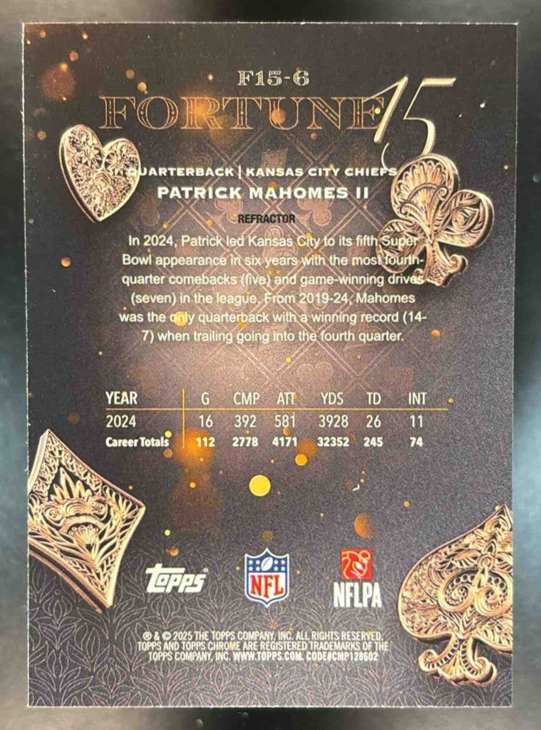 2025 Topps Chrome Patrick Mahomes II Fortune 15 Refractor Kansas City Chiefs - Sports Cards