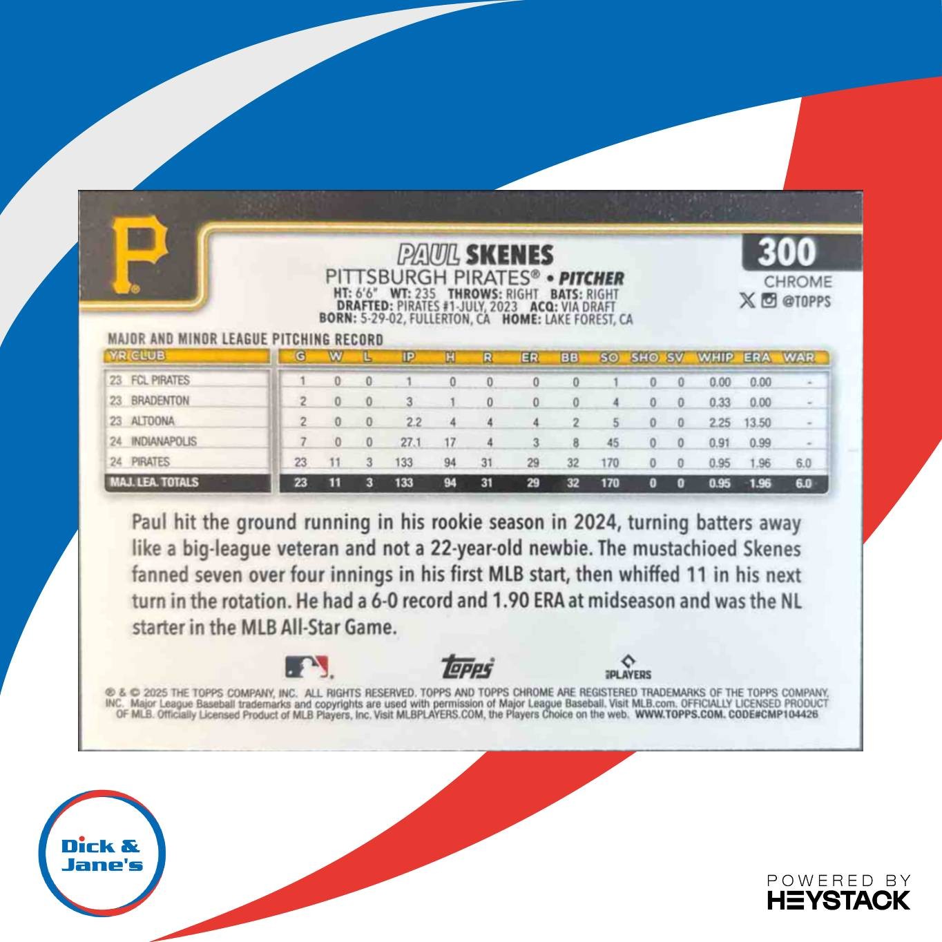 2025 Topps Chrome Paul Skenes Refractor #300 Pittsburgh Pirates - Sports Cards